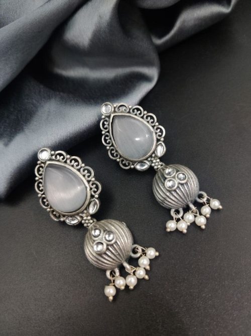 Premium Quality Silver Replica Drop Shape Monalisa Stone Stud Earrings - Image 6