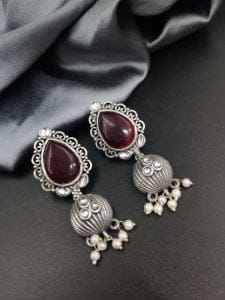 Premium Quality Silver Replica Drop Shape Monalisa Stone Stud Earrings - Color: "Maroon"