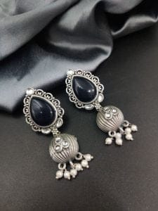 Premium Quality Silver Replica Drop Shape Monalisa Stone Stud Earrings - Color: "Blue"