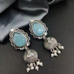 Premium Quality Silver Replica Drop Shape Monalisa Stone Stud Earrings - "Aqua"