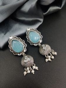 Premium Quality Silver Replica Drop Shape Monalisa Stone Stud Earrings - Color: "Aqua"