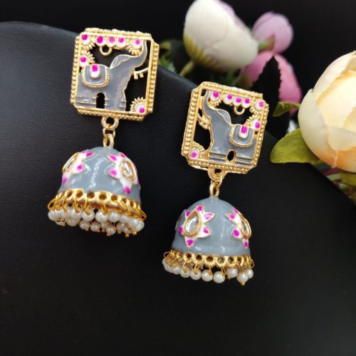 Gold Plated Meenakari Elephant Design Stud Jhumka Earrings - Image 2