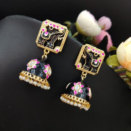 Gold Plated Meenakari Elephant Design Stud Jhumka Earrings - Image 3