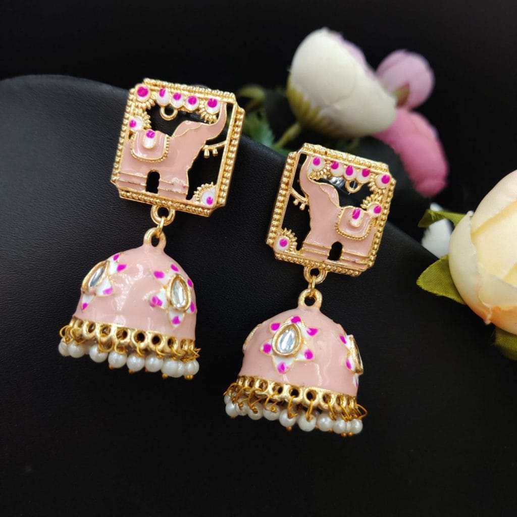 Bulk 74 Gold Plated Meenakari Elephant Design Stud Jhumka Earrings - "Baby Pink"