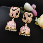 Gold Plated Meenakari Elephant Design Stud Jhumka Earrings - "Baby Pink"