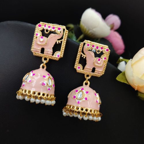 Gold Plated Meenakari Elephant Design Stud Jhumka Earrings - Image 4