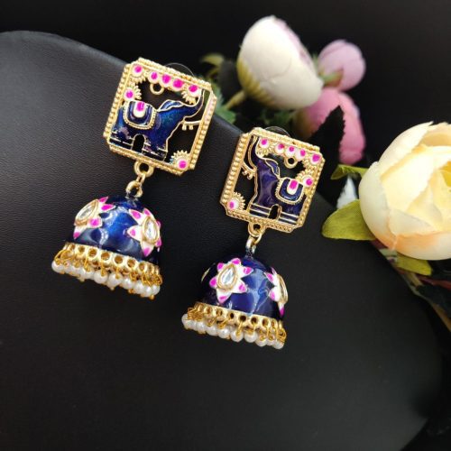 Gold Plated Meenakari Elephant Design Stud Jhumka Earrings - Image 6