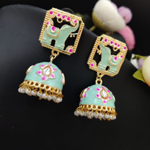 Gold Plated Meenakari Elephant Design Stud Jhumka Earrings - Image 7