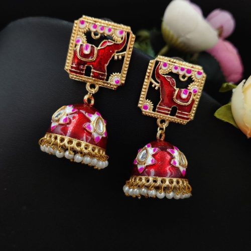 Gold Plated Meenakari Elephant Design Stud Jhumka Earrings - Image 9