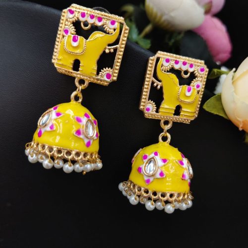Gold Plated Meenakari Elephant Design Stud Jhumka Earrings - Image 8