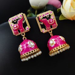 Gold Plated Meenakari Elephant Design Stud Jhumka Earrings