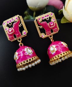 Gold Plated Meenakari Elephant Design Stud Jhumka Earrings