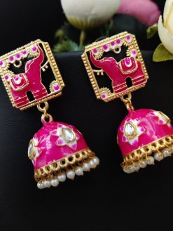 Gold Plated Meenakari Elephant Design Stud Jhumka Earrings
