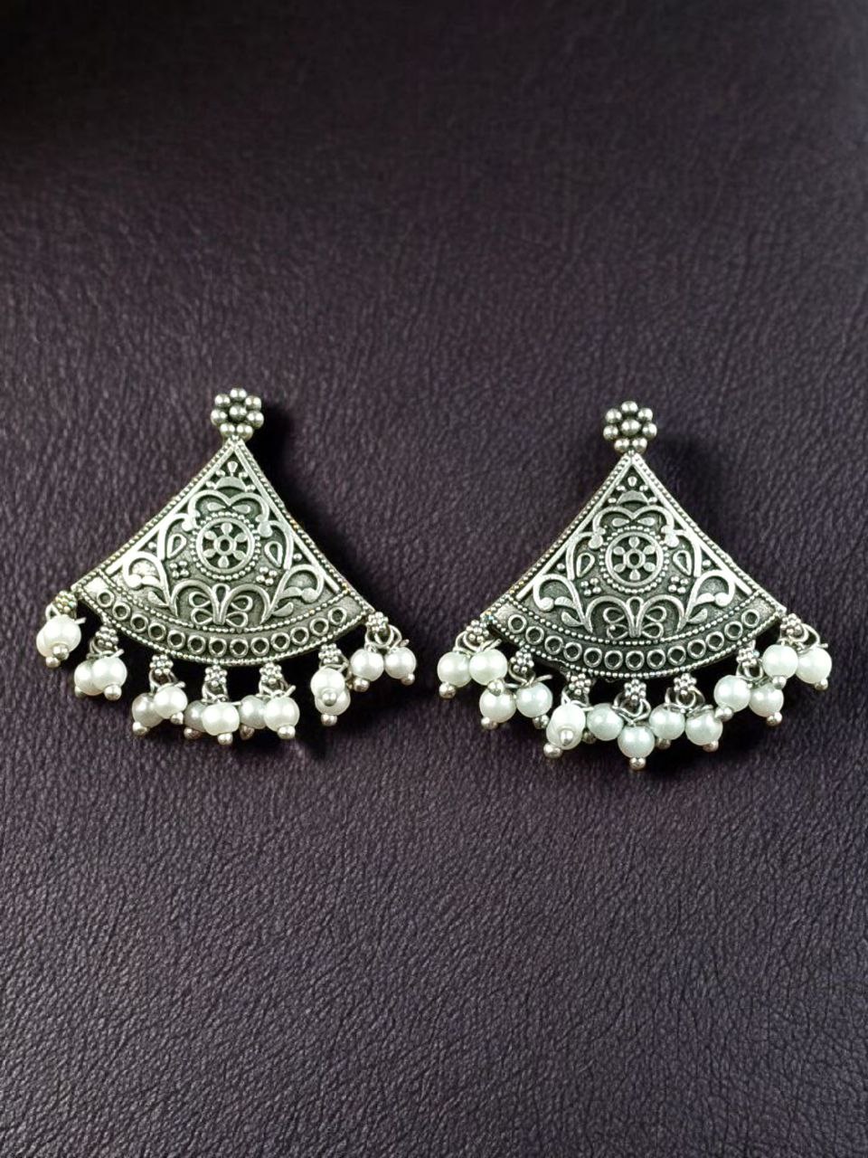 Antique Silver Look Like Designer Tringle Floral Art Stud Earrings For Girls 4 Silver Look Like Tringle-Earrings