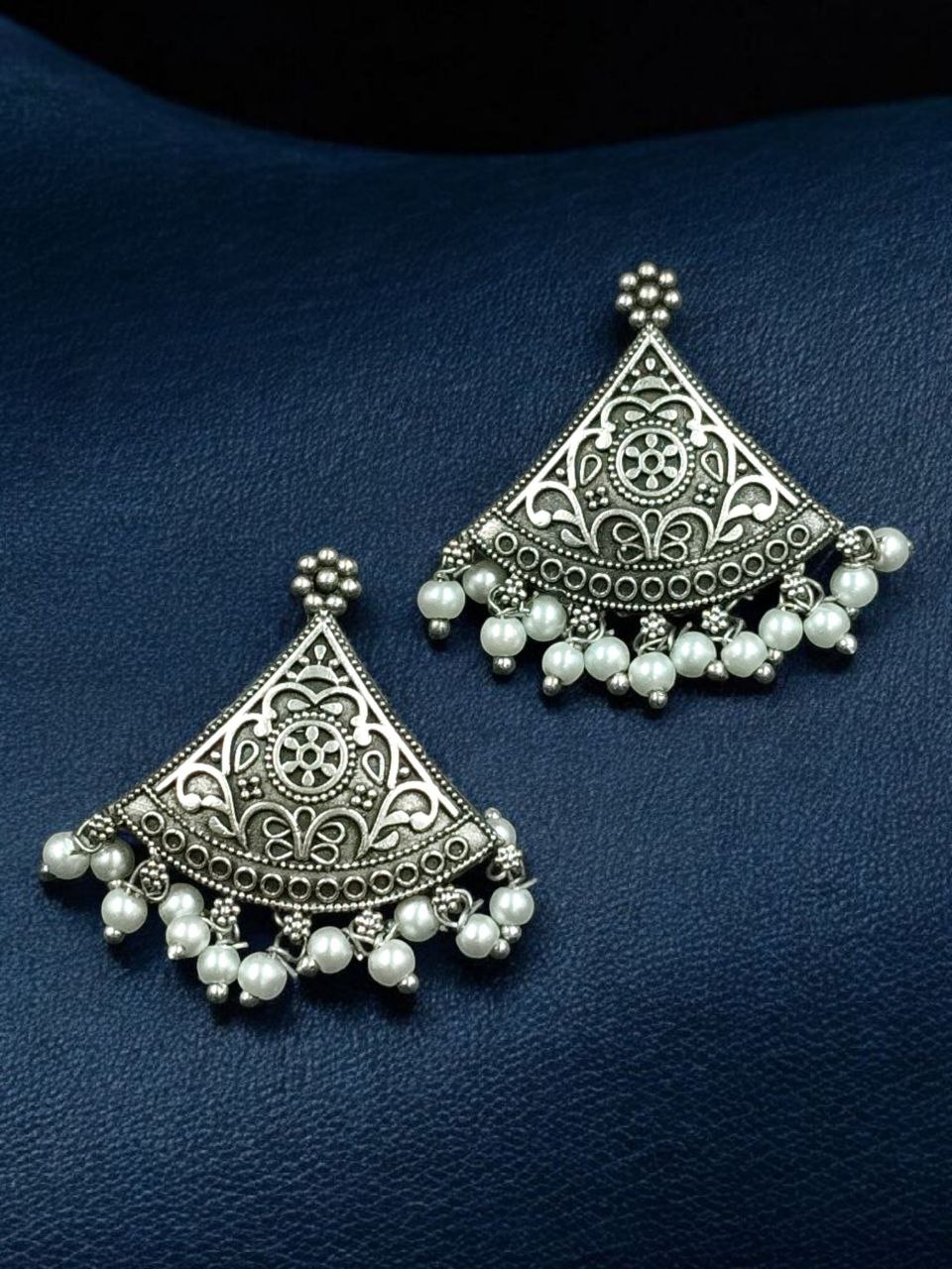 Antique Silver Look Like Designer Tringle Floral Art Stud Earrings For Girls 3 Silver Look Like Tringle-Earrings