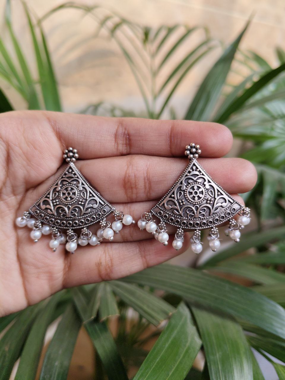 Antique Silver Look Like Designer Tringle Floral Art Stud Earrings For Girls 2 Silver Look Like Tringle-Earrings