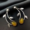 Hand Made Earrings | Silver Replica Drop Shape Monalisa Stone Stud Leaf Style Earrings