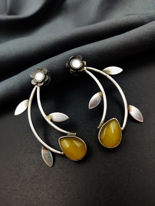 Hand Made Earrings | Silver Replica Drop Shape Monalisa Stone Stud Leaf Style Earrings