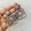 Silver Replica Square Shape Monalisa Stone Stud Dangler Earrings
