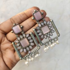 Silver Replica Square Shape Monalisa Stone Stud Dangler Earrings