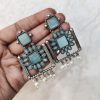 Silver Replica Square Shape Monalisa Stone Stud Dangler Earrings