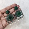 Silver Replica Square Shape Monalisa Stone Stud Dangler Earrings