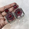 Silver Replica Square Shape Monalisa Stone Stud Dangler Earrings