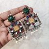 Silver Replica Square Shape Monalisa Stone Stud Dangler Earrings