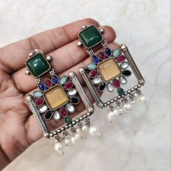 Silver Replica Square Shape Monalisa Stone Stud Dangler Earrings