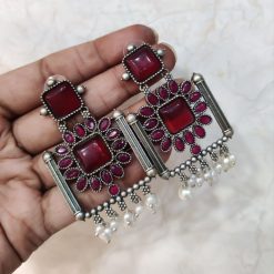 Silver Replica Square Shape Monalisa Stone Stud Dangler Earrings