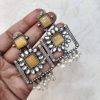 Silver Replica Square Shape Monalisa Stone Stud Dangler Earrings