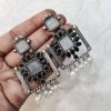 Silver Replica Square Shape Monalisa Stone Stud Dangler Earrings