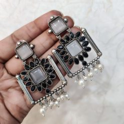 Silver Replica Square Shape Monalisa Stone Stud Dangler Earrings