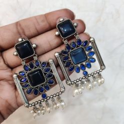 Silver Replica Square Shape Monalisa Stone Stud Dangler Earrings