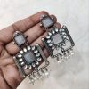 Silver Replica Square Shape Monalisa Stone Stud Dangler Earrings