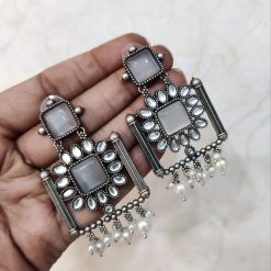 Silver Replica Square Shape Monalisa Stone Stud Dangler Earrings