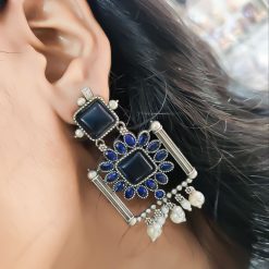 Silver Replica Square Shape Monalisa Stone Stud Dangler Earrings