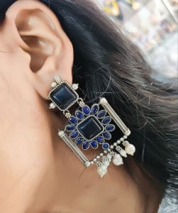 Silver Replica Square Monalisa Stone Stud Dangler Earrings - Color: "Blue"