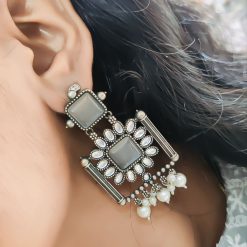Silver Replica Square Shape Monalisa Stone Stud Dangler Earrings