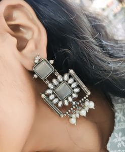 Silver Replica Square Monalisa Stone Stud Dangler Earrings - Color: "Grey"