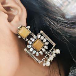Silver Replica Square Shape Monalisa Stone Stud Dangler Earrings