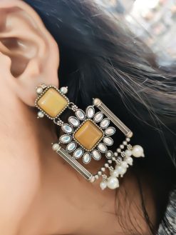 Silver Replica Square Shape Monalisa Stone Stud Dangler Earrings