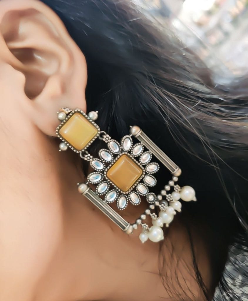Silver Replica Square Monalisa Stone Stud Dangler Earrings