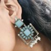 Silver Replica Square Shape Monalisa Stone Stud Dangler Earrings
