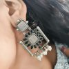 Silver Replica Square Shape Monalisa Stone Stud Dangler Earrings