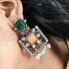 Silver Replica Square Shape Monalisa Stone Stud Dangler Earrings