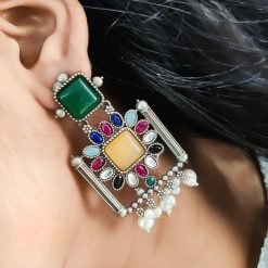 Silver Replica Square Shape Monalisa Stone Stud Dangler Earrings