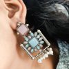Silver Replica Square Shape Monalisa Stone Stud Dangler Earrings