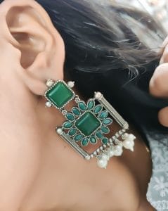 Silver Replica Square Monalisa Stone Stud Dangler Earrings - Color: "Green"