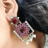 Silver Replica Square Shape Monalisa Stone Stud Dangler Earrings